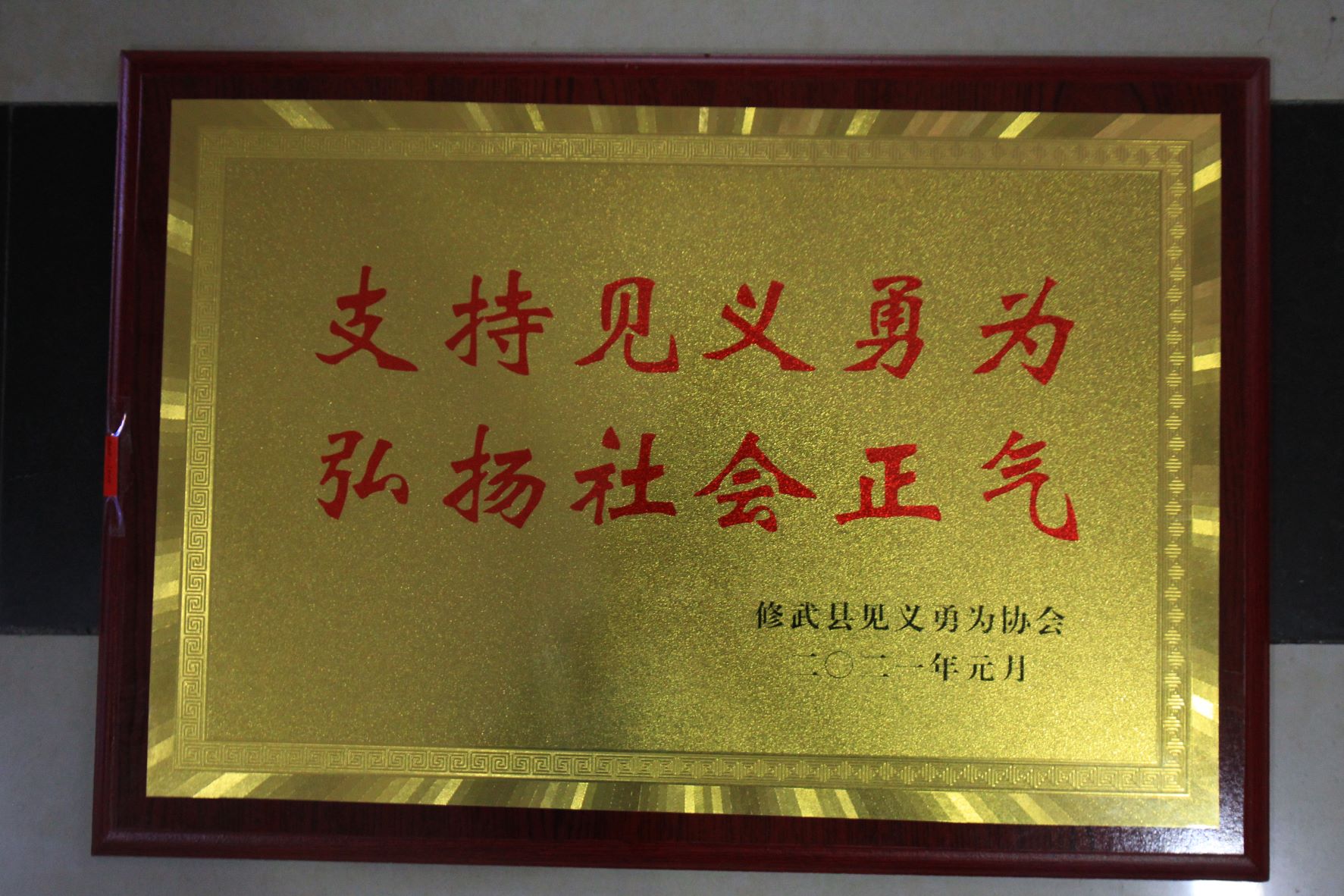 修武县见义勇为协会授予云台山景区“支持见义勇为弘扬社会正气”牌匾。